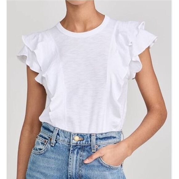 NWT Veronica Beard White Ruffle Flutter Short Sleeve Pima Cotton Bea Tee XS - Picture 1 of 8